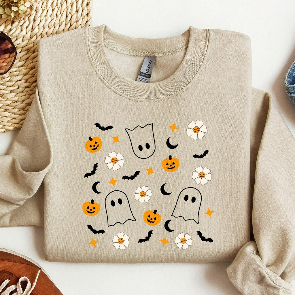 Halloween Doodles Sweatshirt, Halloween Little Things Crewneck, Ghost Pumpkin Sweater, Cute Spooky Autumn Gift, Fall Apparel for Her