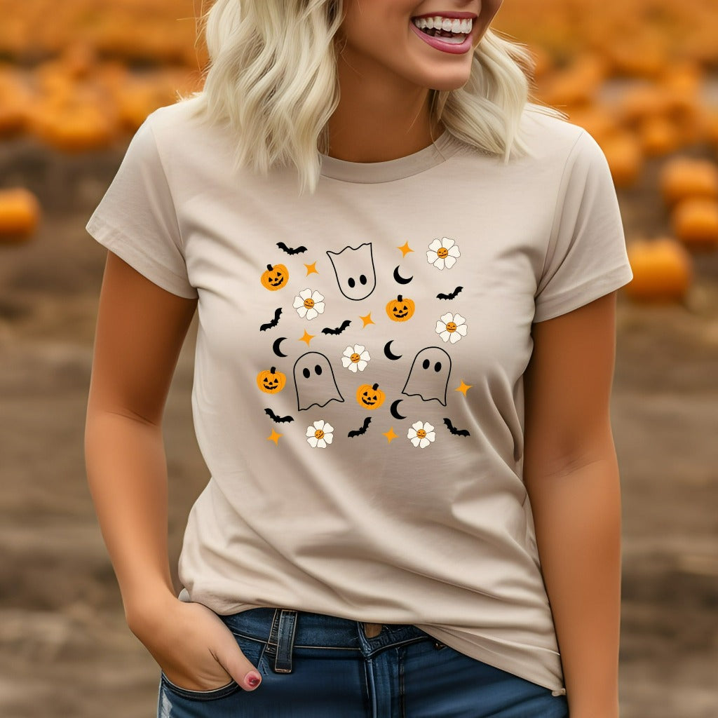 Halloween Doodles Shirt, Halloween Little Things TShirt, Ghost Pumpkin Flowers Graphic Tee, Cute Spooky Season Shirt, Retro Halloween Shirt
