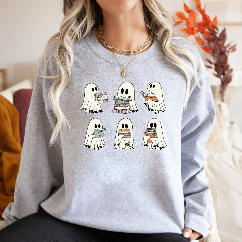 Ghost Reading Books Sweatshirt Bookish Halloween Crewneck Gift for Librarian Reading Teacher Sweater