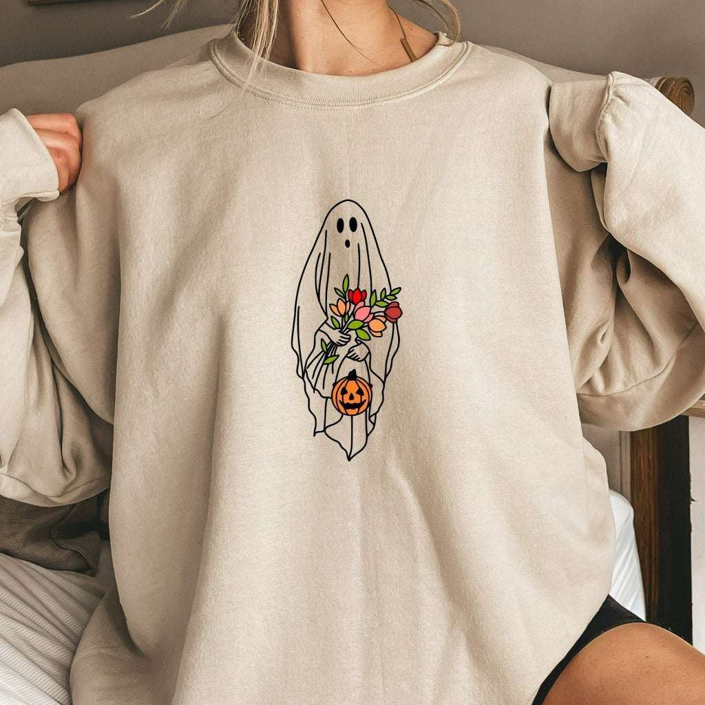 Floral Ghost Halloween Sweatshirt, Pumpkins Crewneck, Cute Halloween Sweater, Vintage Retro Fall Shirts, Flowers Jack O Lantern Shirt