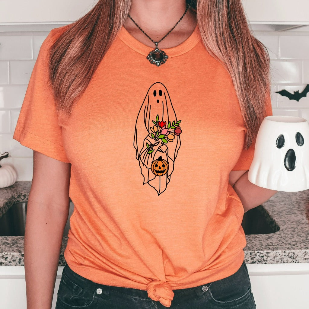 Floral Ghost Halloween Shirt, Pumpkin Halloween TShirt, Jack O Lantern Shirt, Fall Graphic Tee, Spooky Season, Fall Shirts for Women