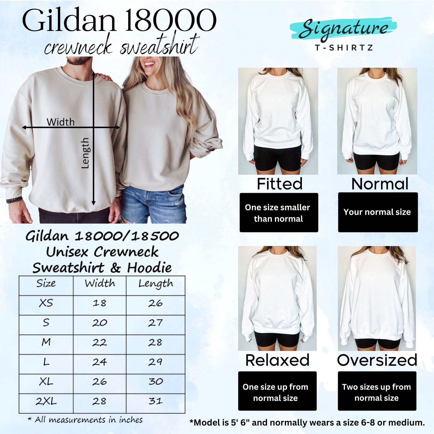Measurement chart for Gildan 18000 crewneck sweatshirt and hoodie with size guide and model measurements.