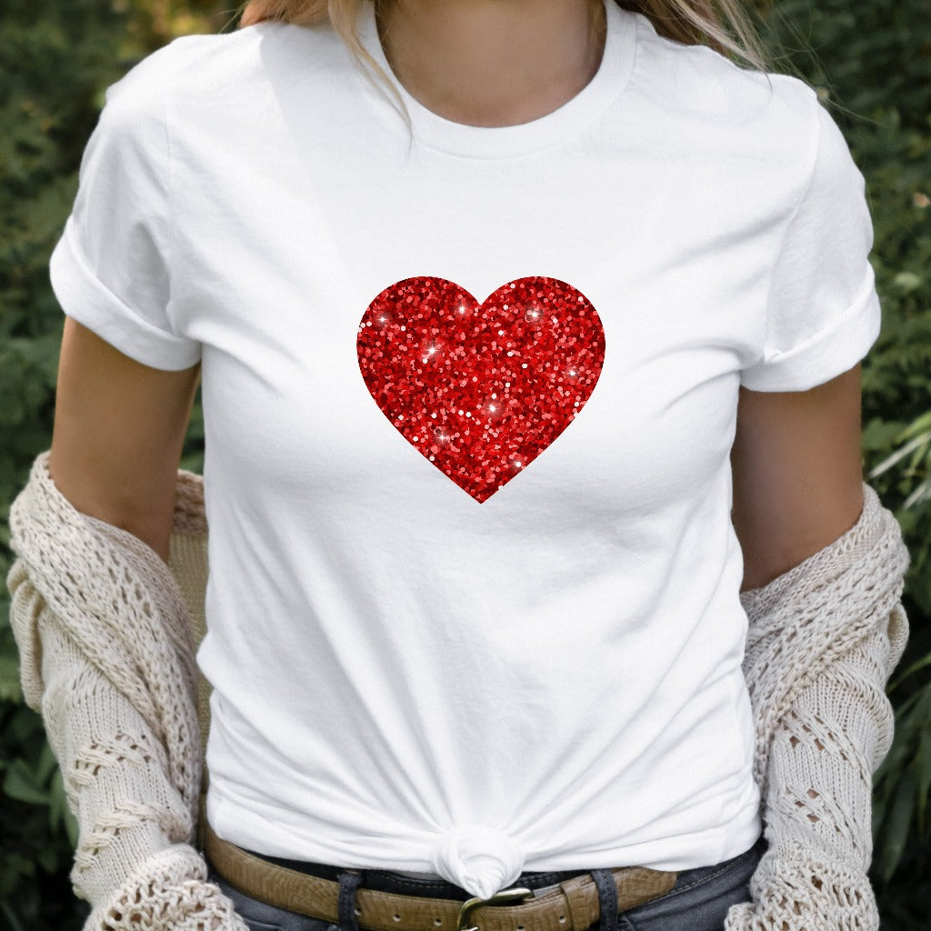 Glitter Heart Shirt, Womens Cute Valentine TShirt, Sparkly Heart Graphic Tee, Women Red Heart Valentine Shirt, Bling Valentine Gift for Her