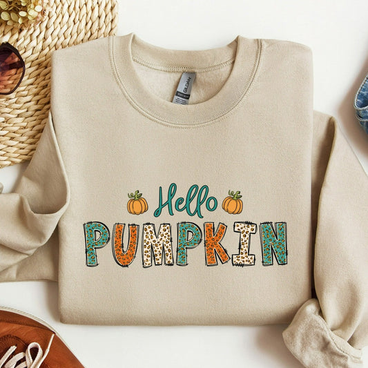 Hello Pumpkin Sweatshirt, Cute Fall Crewneck, Pumpkin Spice Hoodie, Fall Leopard Print Shirt, Halloween Shirts, Autumn Apparel, Gift for Her