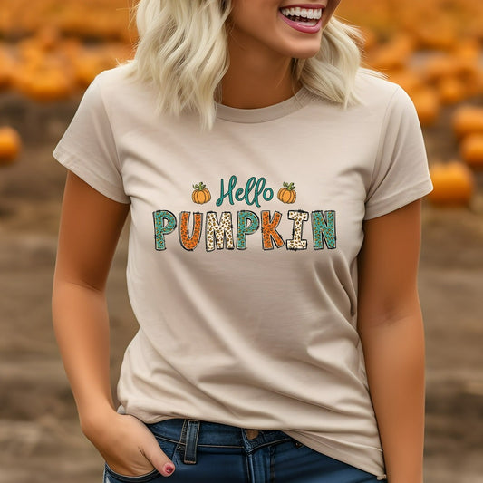 Hello Pumpkin Shirt, Cute Fall TShirt, Pumpkin Spice Graphic Tee, Fall Leopard Print Shirt, Halloween Shirts, Autumn Apparel, Gift for Her
