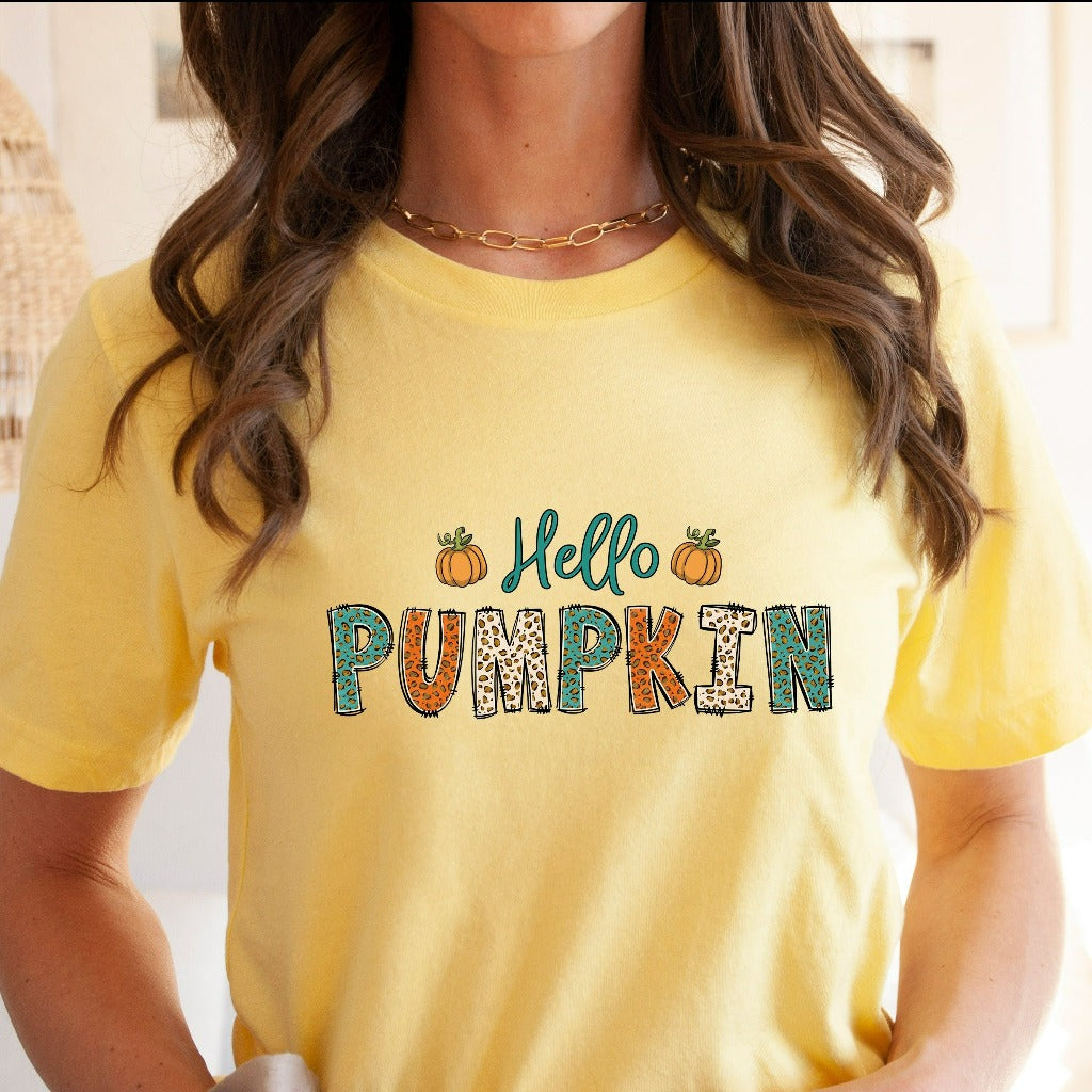 Hello Pumpkin Shirt, Cute Fall TShirt, Pumpkin Spice Graphic Tee, Fall Leopard Print Shirt, Halloween Shirts, Autumn Apparel, Gift for Her