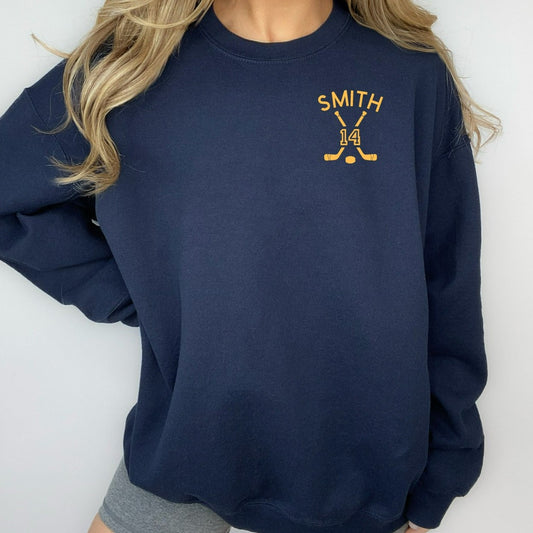Custom Hockey Mom Sweatshirt, Personalized Hockey Crewneck, Game Day Hoodie, Name and Number Hockey Sweatshirt, Hockey Fan Shirt, Hockey Dad