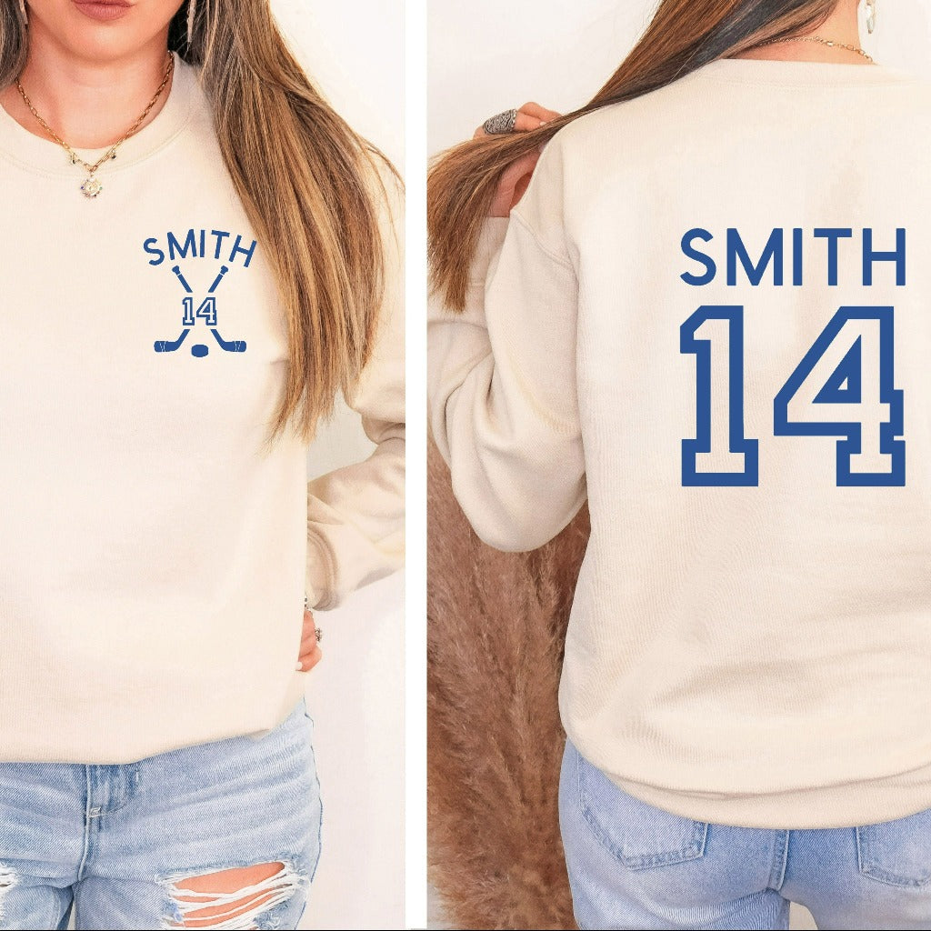 Custom Hockey Mom Sweatshirt, Personalized Hockey Crewneck, Game Day Hoodie, Name and Number Hockey Sweatshirt, Hockey Fan Shirt, Hockey Dad