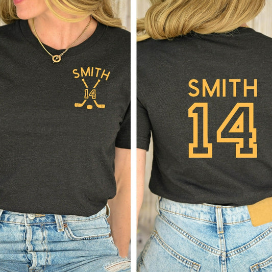 Custom Hockey Mom Shirt, Personalized Hockey TShirt, Game Day Hockey Mama Graphic Tee, Custom Name and Number Hockey Fan Shirt, Hockey Dad