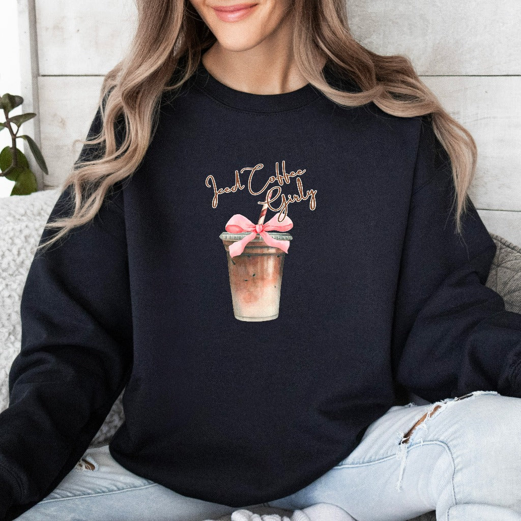 Iced Coffee Girly Sweatshirt, Iced Coffee Girl Crewneck, Coquette Coffee Shirt, Coquette Clothing, Coffee Lover Gift, Pink Bow Iced Coffee