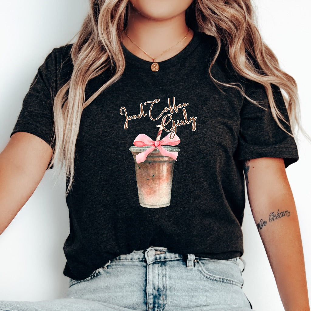 Iced Coffee Girly Shirt, Pink Bow Coffee Lovers TShirt, Caffeine Addict Graphic Tee, Coquette Aesthetic Coffee Shirt, Gift for Coffee Lover