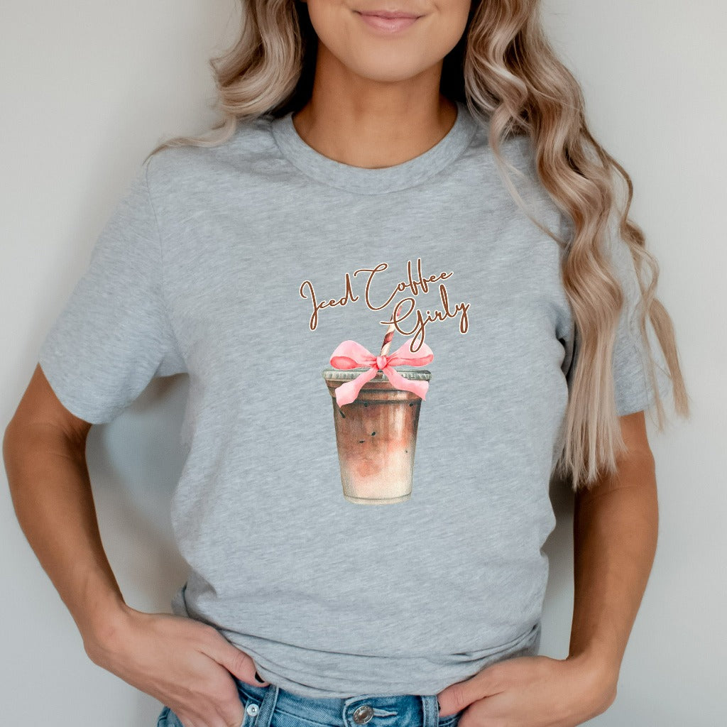 Iced Coffee Girly Shirt, Pink Bow Coffee Lovers TShirt, Caffeine Addict Graphic Tee, Coquette Aesthetic Coffee Shirt, Gift for Coffee Lover