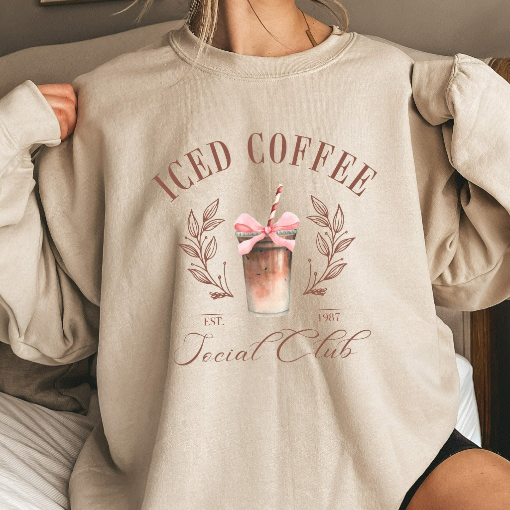 Iced Coffee Sweatshirt, Iced Coffee Social Club Crewneck, Coquette Coffee Shirt, Coquette Clothing, Coffee Lover Gift, Pink Bow Iced Coffee