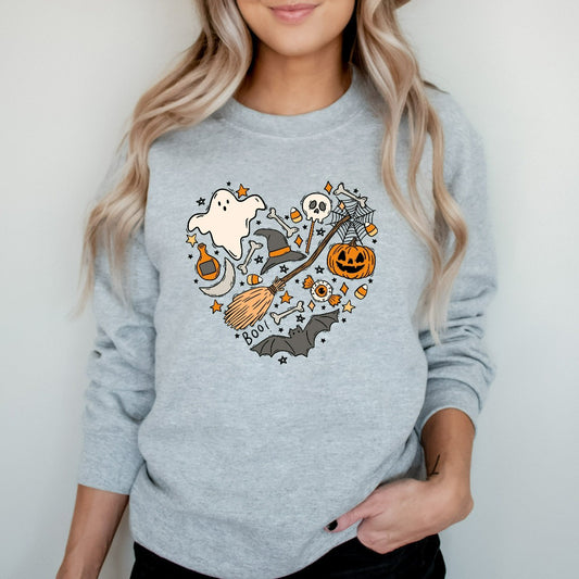 Get into the spooky spirit with this Halloween sweatshirt featuring a playful mix of classic Halloween icons—ghosts, pumpkins, bats, candy, witch hats, and more!