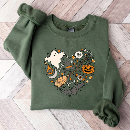 Get into the spooky spirit with this Halloween sweatshirt featuring a playful mix of classic Halloween icons—ghosts, pumpkins, bats, candy, witch hats, and more!