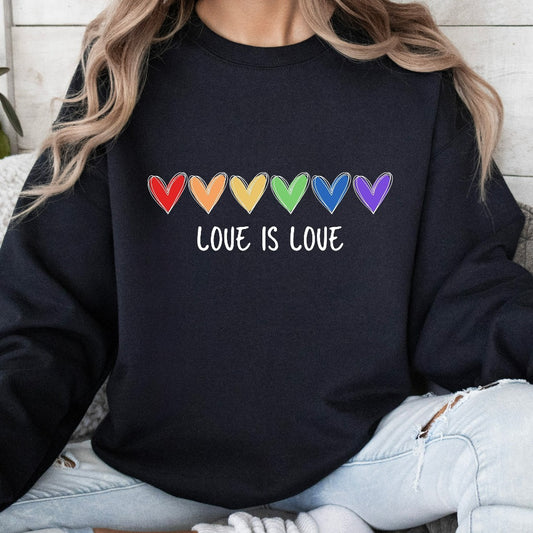 Rainbow Love is Love Sweatshirt, Colorful LGBTQ Ally Apparel, Pride Events Crewneck, Thoughtful Coming Out Gift, Rainbow Hearts Sweater