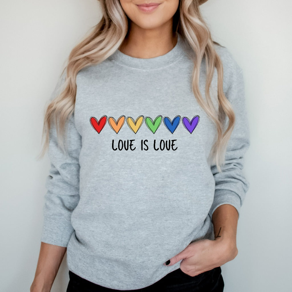 Rainbow Love is Love Sweatshirt, Colorful LGBTQ Ally Apparel, Pride Events Crewneck, Thoughtful Coming Out Gift, Rainbow Hearts Sweater