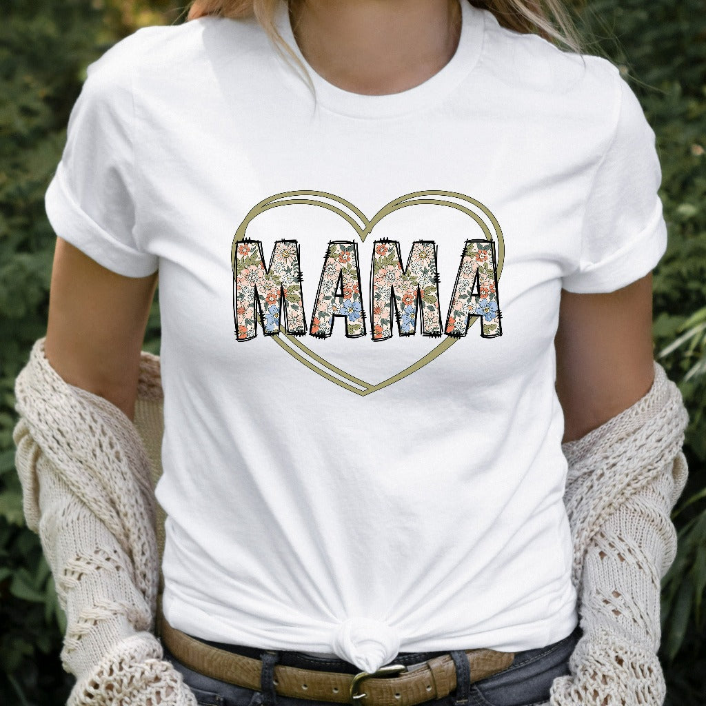 Mama Floral Shirt with Heart, Simple Mama TShirt, Mother's Day Gift, Gift for New Mom, Birthday Gift, Cute Christmas Gift, Applique Style