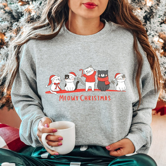 Meowy Christmas Sweatshirt, Happy Cat Year Crewneck, Funny Christmas Cat Sweater, Cat Mama Shirt, Cat Mom Christmas Gift, Merry Xmas Shirt