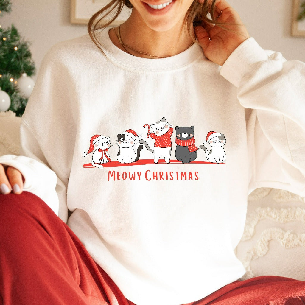 Meowy Christmas Sweatshirt, Happy Cat Year Crewneck, Funny Christmas Cat Sweater, Cat Mama Shirt, Cat Mom Christmas Gift, Merry Xmas Shirt