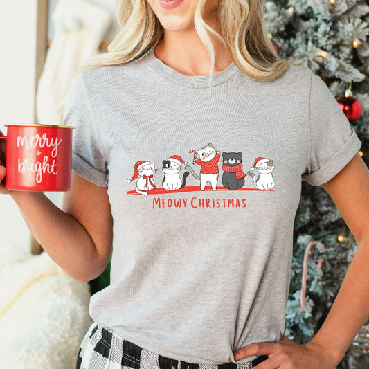 Meowy Christmas Shirt, Happy Cat Year TShirt, Funny Christmas Cat Mom Graphic Tee, Cat Mama Christmas Gift, Cat Lover Shirt, Merry Xmas