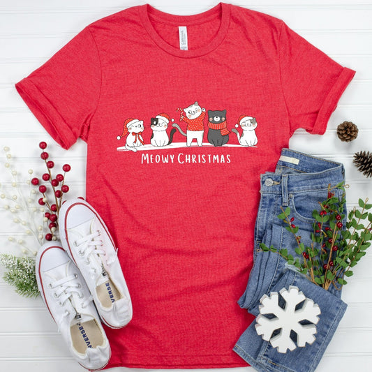 Meowy Christmas Shirt, Happy Cat Year TShirt, Funny Christmas Cat Mom Graphic Tee, Cat Mama Christmas Gift, Cat Lover Shirt, Merry Xmas