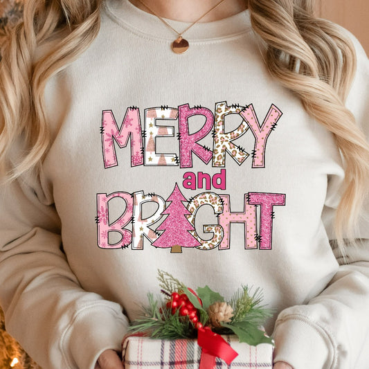 Merry and Bright Christmas Sweatshirt, Womens Christmas Sweater, Christmas Crewneck Pullover, Christmas Tree Holiday Gift, Winter Sweatshirt