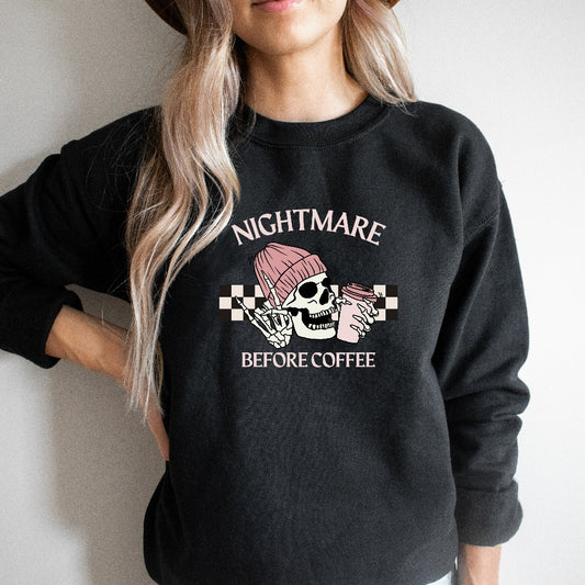Nightmare Before Coffee Sweatshirt, Coffee Addict Crewneck, Fall Coffee Sweater, Gift for Caffeine Addict, Cute PSL Tee, Halloween Skeleton