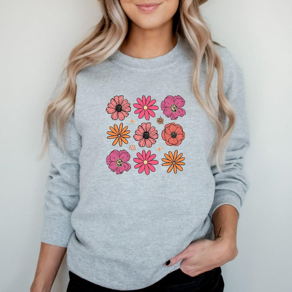 Flowers Sweatshirt, Boho Wildflowers Floral Nature Crewneck, Retro Floral Hoodie, Vintage Botanical Flowers Gift, Retro Wildflower Sweater