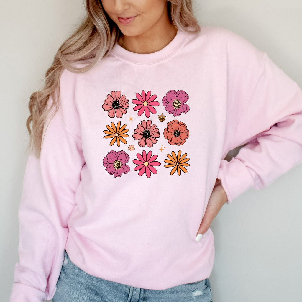 Flowers Sweatshirt, Boho Wildflowers Floral Nature Crewneck, Retro Floral Hoodie, Vintage Botanical Flowers Gift, Retro Wildflower Sweater