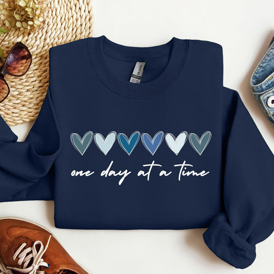 One Day at a Time Sweatshirt, Hearts Crewneck, Recovery Gift for Her, Encouragement Shirt, Inspirational Quotes Tshirt, Mental Health Aware