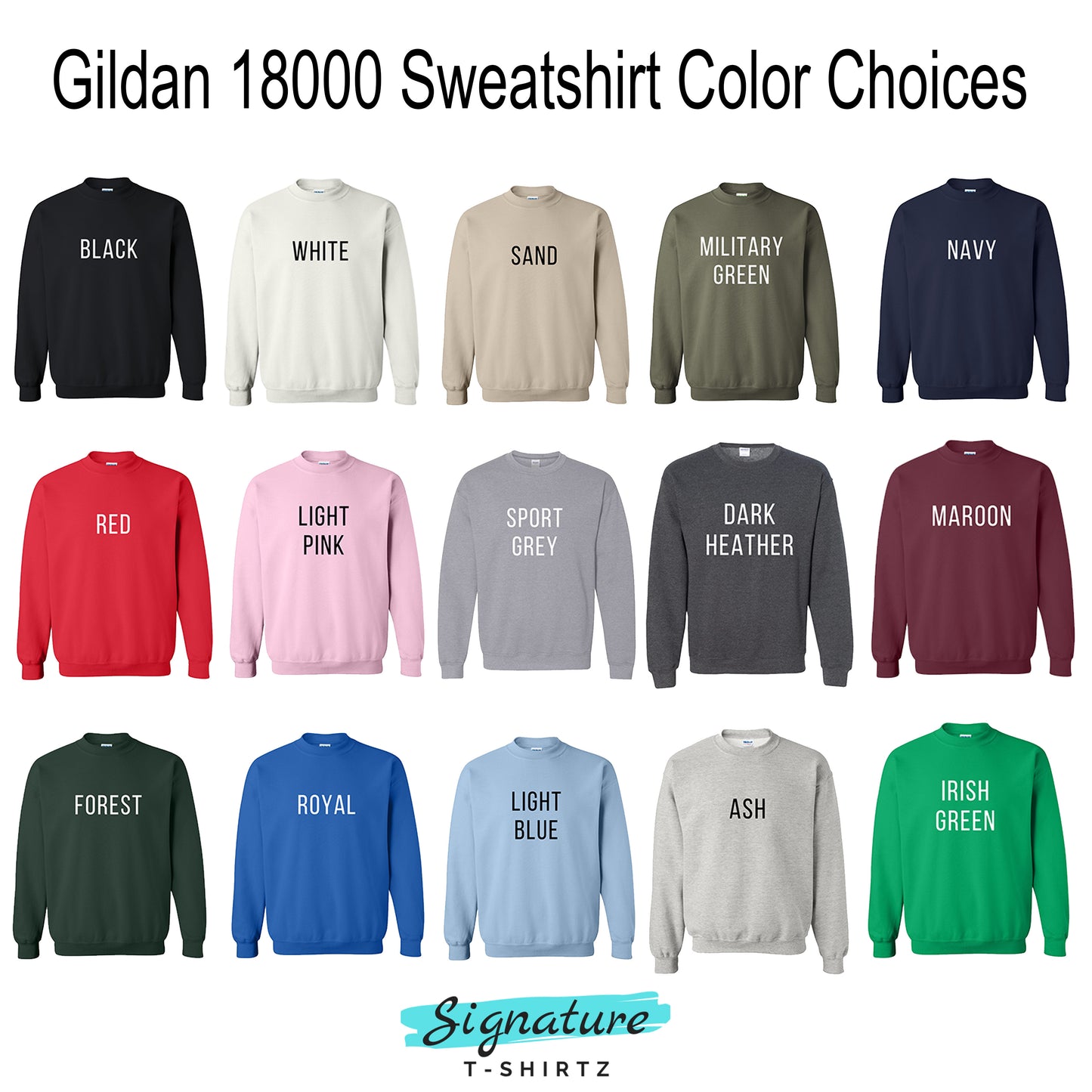 Display of Gildan 18000 sweatshirts in various colors with color names on a white background.