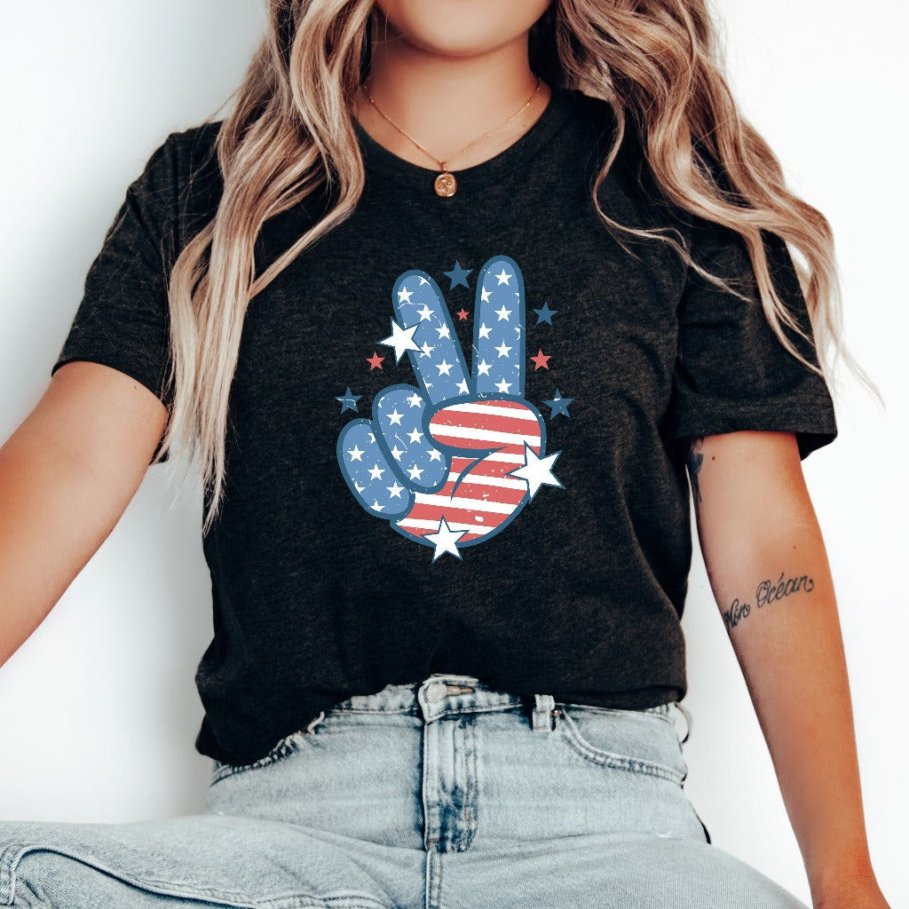 Peace Sign American Flag Shirt, 4th of July TShirt, Star American Graphic Tee, Independence Day Shirt, Fourth of July Shirt, Trendy Popular
