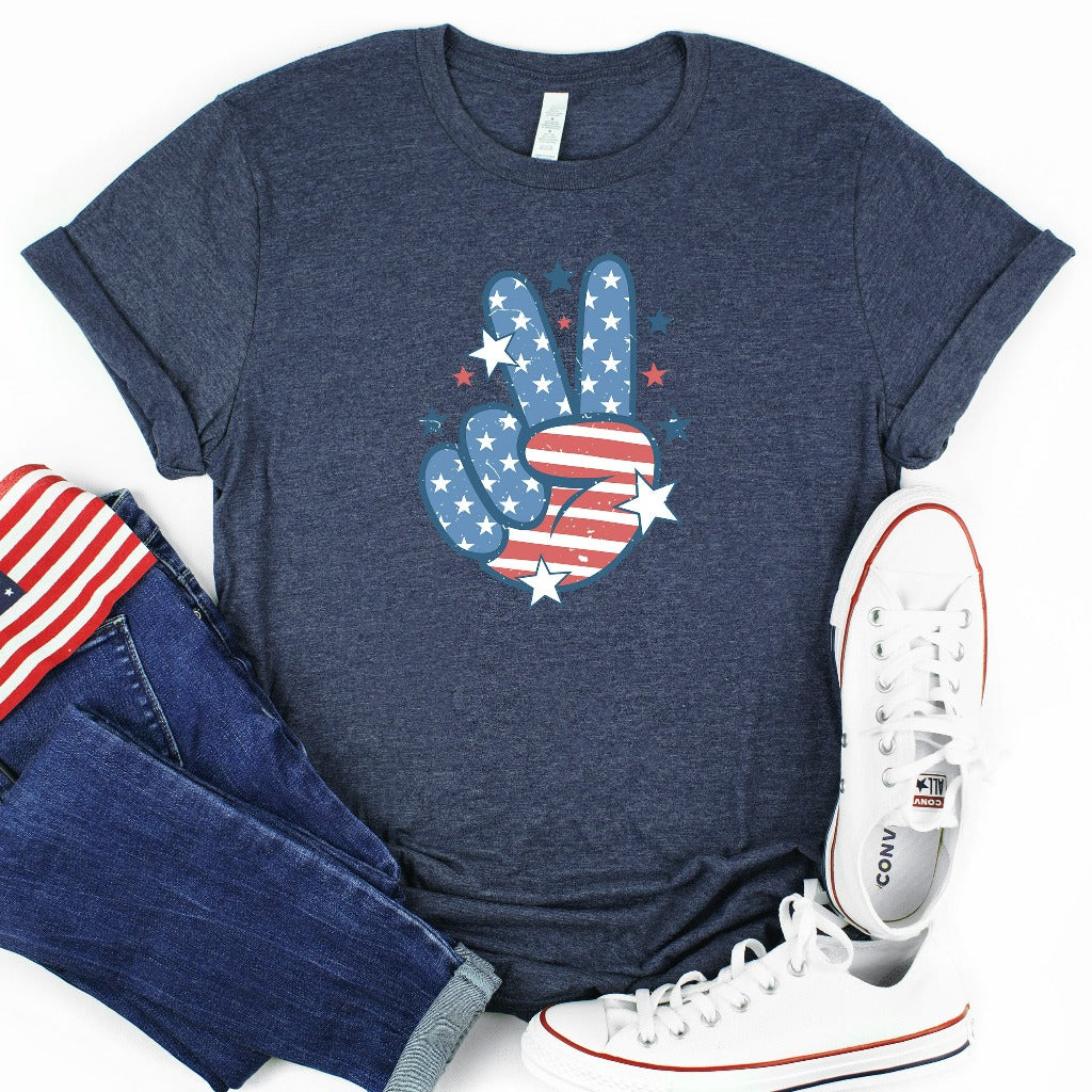 Peace Sign American Flag Shirt, 4th of July TShirt, Star American Graphic Tee, Independence Day Shirt, Fourth of July Shirt, Trendy Popular