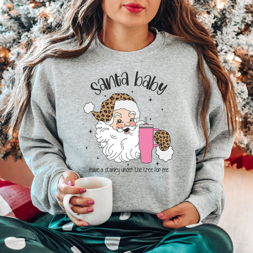 Santa Baby Christmas Sweatshirt, Stanley Tumbler Crewneck, Funny Xmas Sweater, Holiday Outfit - L / Sand