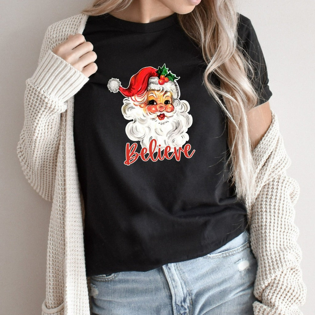 Believe Santa Christmas Shirt, Retro Christmas TShirt, Cute Santa Graphic Tee, Holiday Gifts, Christmas Party Vintage Tee, Classic Xmas Tee