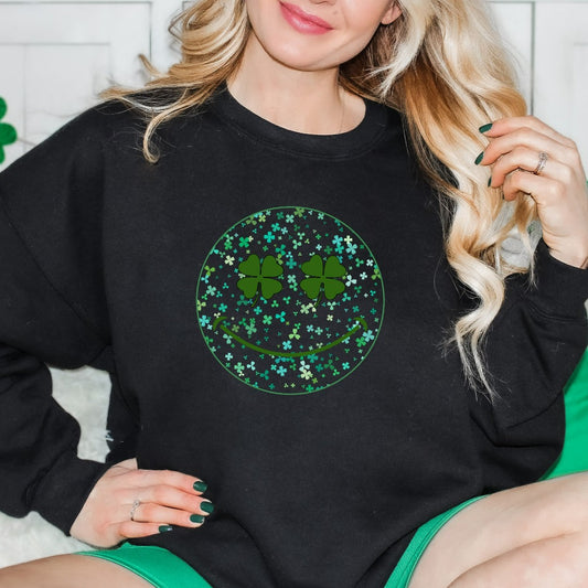 St Patrick's Day Sweatshirt, Cute Shamrock Smile Face Crewneck Pullover, St Paddy's Day Outfit, Festive Gift, Saint Patricks Party Hoodie
