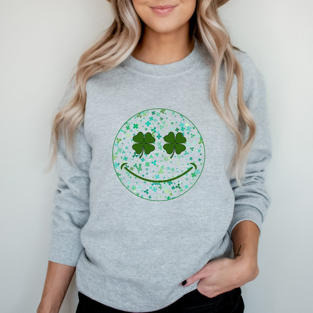 St Patrick's Day Sweatshirt, Cute Shamrock Smile Face Crewneck Pullover, St Paddy's Day Outfit, Festive Gift, Saint Patricks Party Hoodie