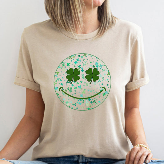 St Patrick's Day Shirt, Womens Shamrock Smile Face TShirt, St Patrick's Day Graphic Tee, Lucky St Patty's Day Party Outfit, Four Leaf Clover