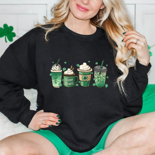 St Patrick's Day Sweatshirt, Cute Coffee Latte Crewneck Pullover, St Paddy's Day Outfit, Festive Green Cup Coffee Lovers Gift, Latte Hoodie