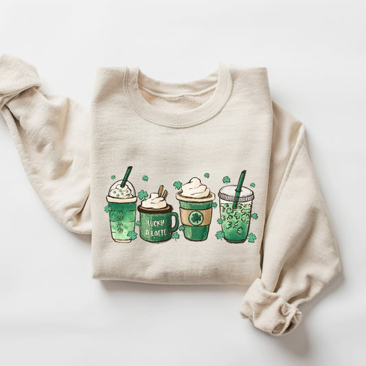 St Patrick's Day Sweatshirt, Cute Coffee Latte Crewneck Pullover, St Paddy's Day Outfit, Festive Green Cup Coffee Lovers Gift, Latte Hoodie