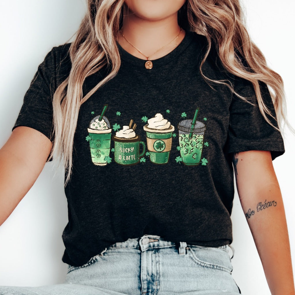 St Patricks Day Coffee Shirt, Cute St Paddys TShirt, Coffee Lover Graphic Tee, Lucky A Latte Outfit, Shamrock Latte Green Drink Cup Gift