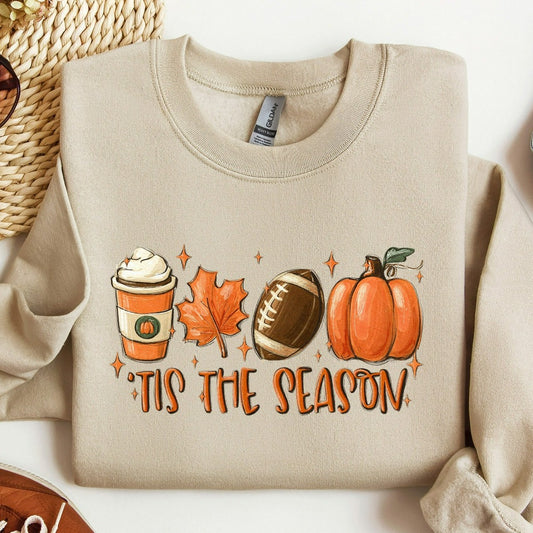 Football Sweatshirt, Tis the Season Autumn Themed Crewneck, Pumpkin Spice Fall Leaves Sweater, Cute Fall Season Shirts, Thanksgiving Tee