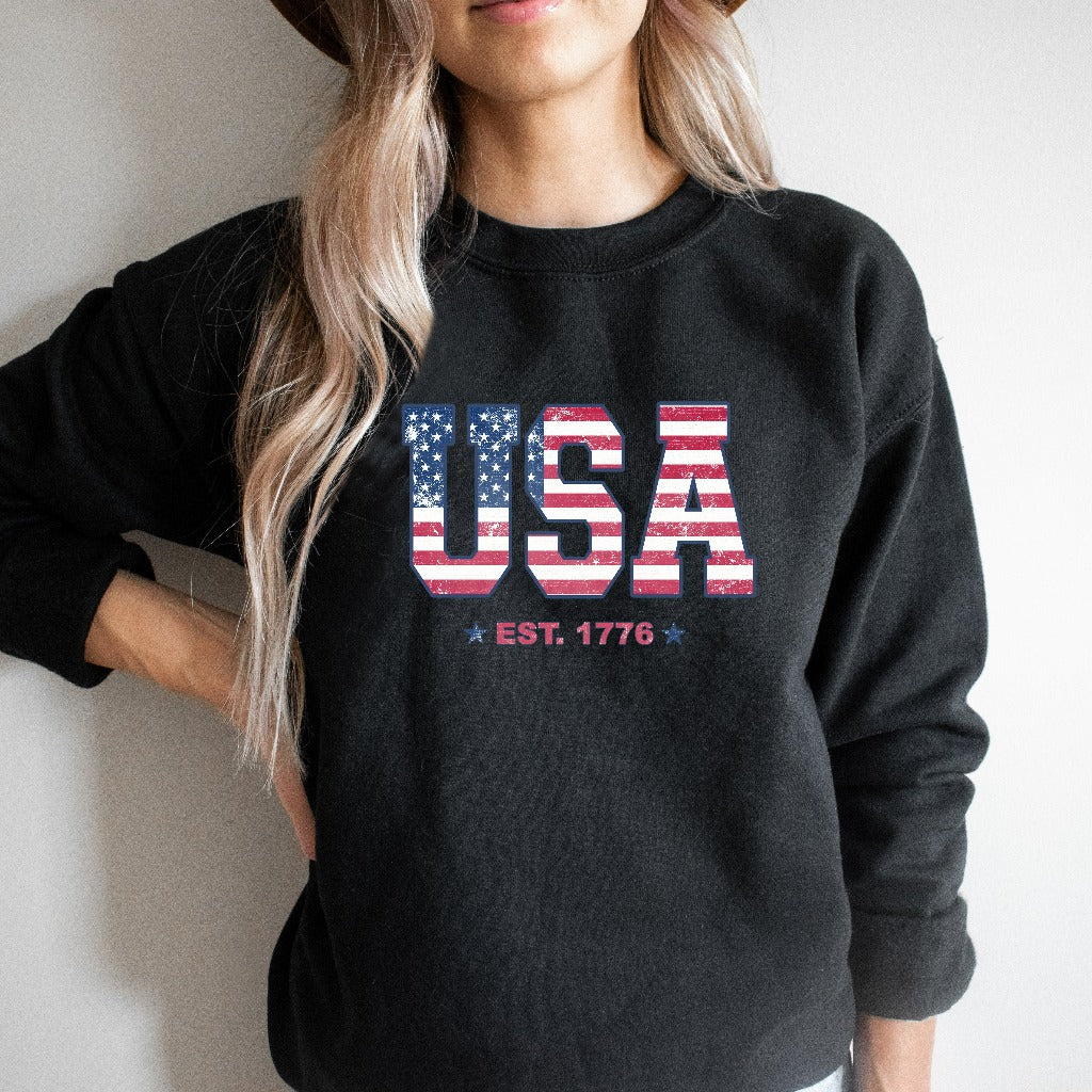 Retro USA Flag Sweatshirt, 4th of July Crewneck, American Flag Shirt, Patriotic Independence Day TShirt, Fourth of July, Fireworks Hoodie