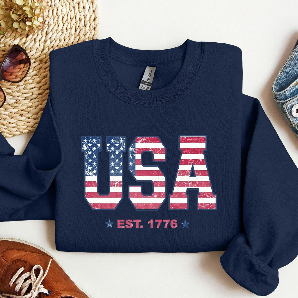 Retro USA Flag Sweatshirt, 4th of July Crewneck, American Flag Shirt, Patriotic Independence Day TShirt, Fourth of July, Fireworks Hoodie