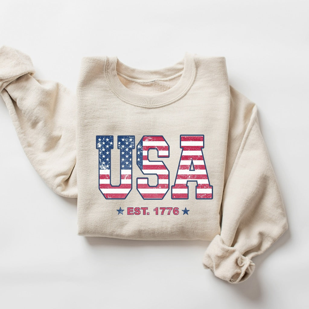 Retro USA Flag Sweatshirt, 4th of July Crewneck, American Flag Shirt, Patriotic Independence Day TShirt, Fourth of July, Fireworks Hoodie