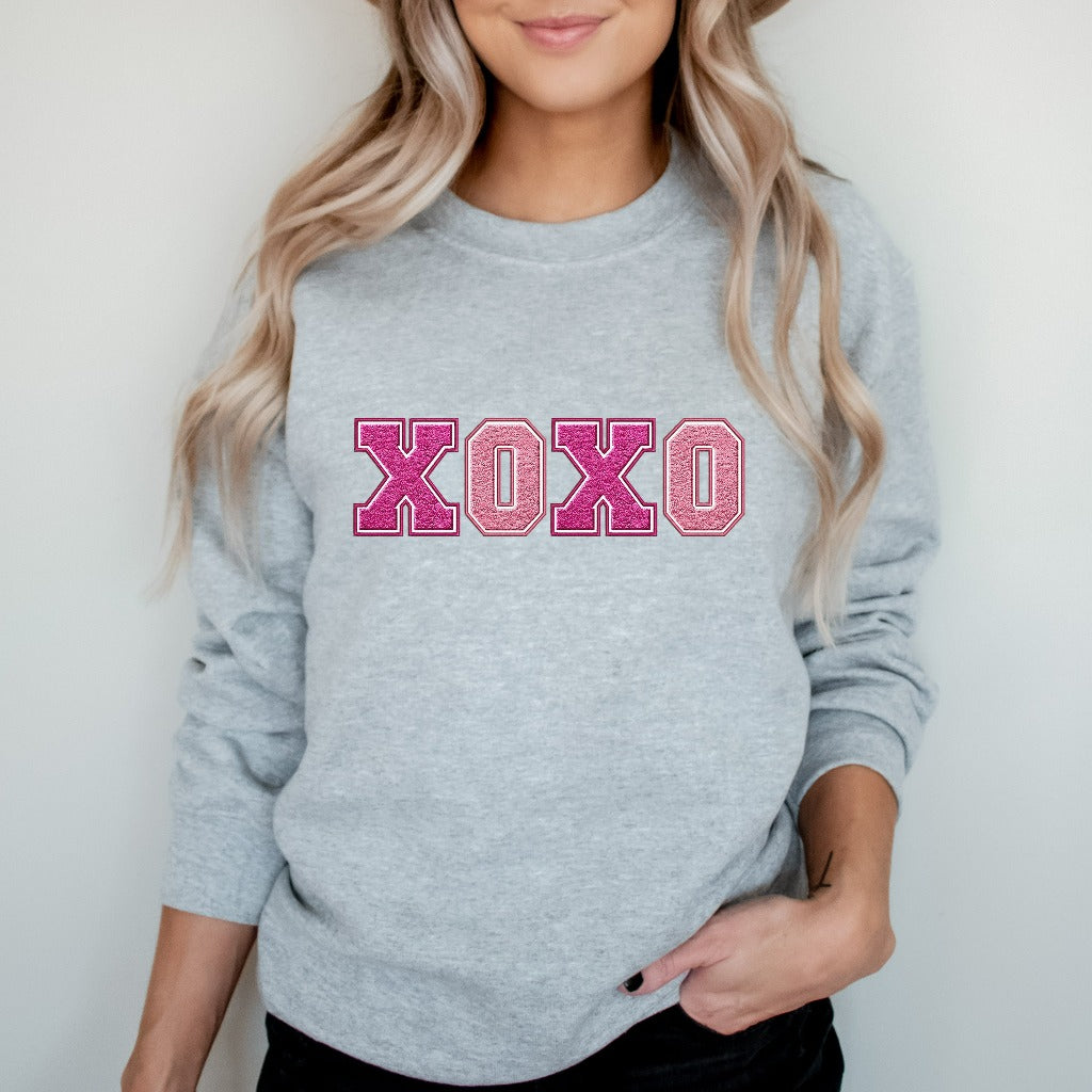 XOXO Valentine's Day Sweatshirt, Faux Chenille Patch Hugs and Kisses Crewneck, Fun Valentine Sweater, Gift for Her for Wife, Galentine's Day