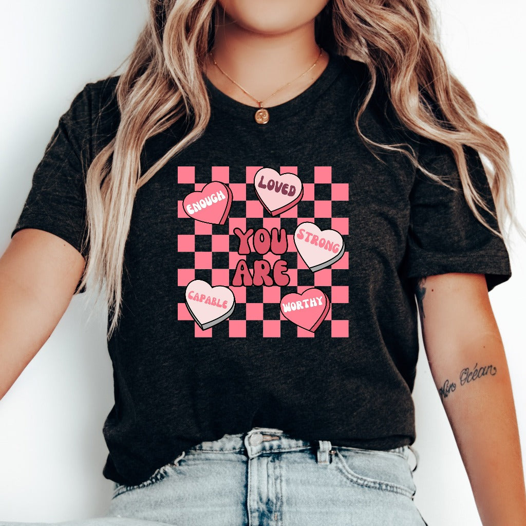 Cute Teacher Valentine Shirt, Retro Heart TShirt, Women's Valentines Day Graphic Tee, Love Valentine Gift for Teacher, Positive Affirmations