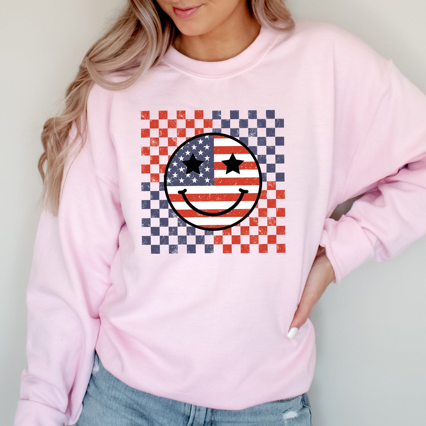 Retro Smile Face Flag Sweatshirt, American Flag Happy Face Crewneck, 4th of July Shirt, Independence Day Tee