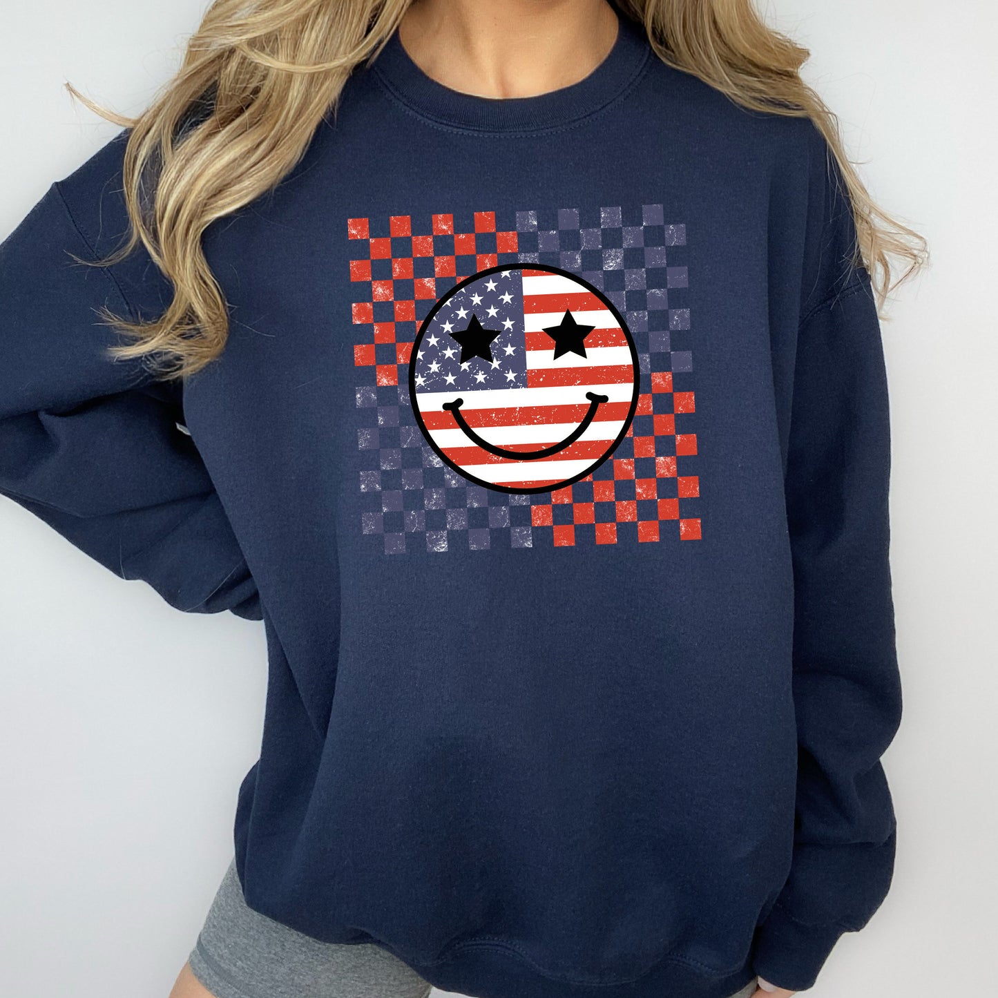 Retro Smile Face Flag Sweatshirt, American Flag Happy Face Crewneck, 4th of July Shirt, Independence Day Tee